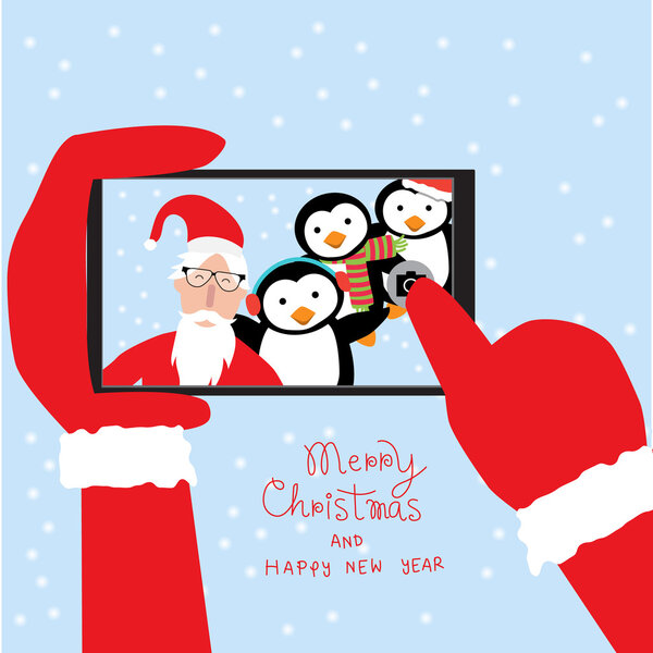 Hipster santa claus  selfie with penguins by smartphone for merr
