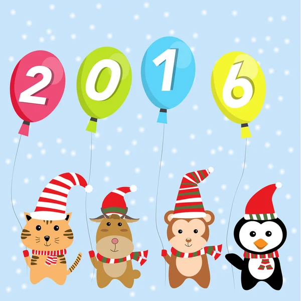새 해 복 많이 받으세요 2016 벡터 illustr에 대 한 작은 귀여운 작은 동물 — 스톡 벡터