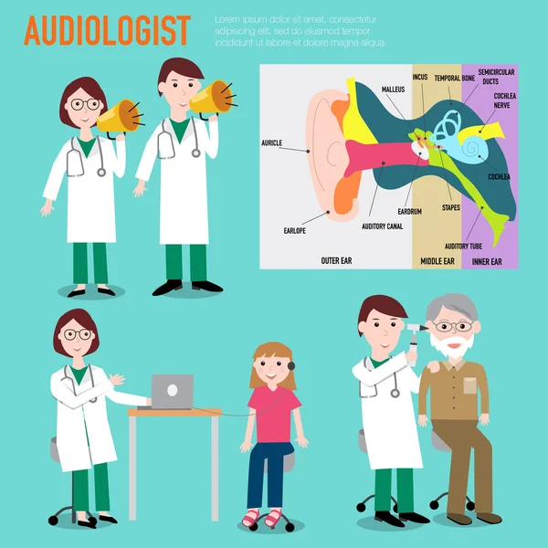 Audiólogo, audiología, anatomía del oído vector infografía illu — Vector de stock