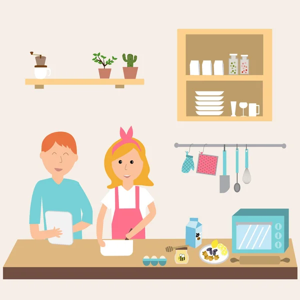 Dvojice v kuchyni pomocí elektronického tabletu pro cooking.illust — Stockový vektor