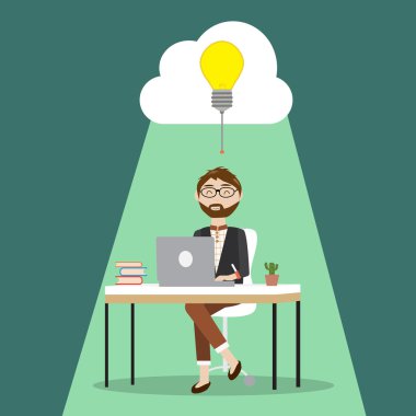 Hipster adam düşünmüşler ve th bulut concept.illustr içinde saklamak