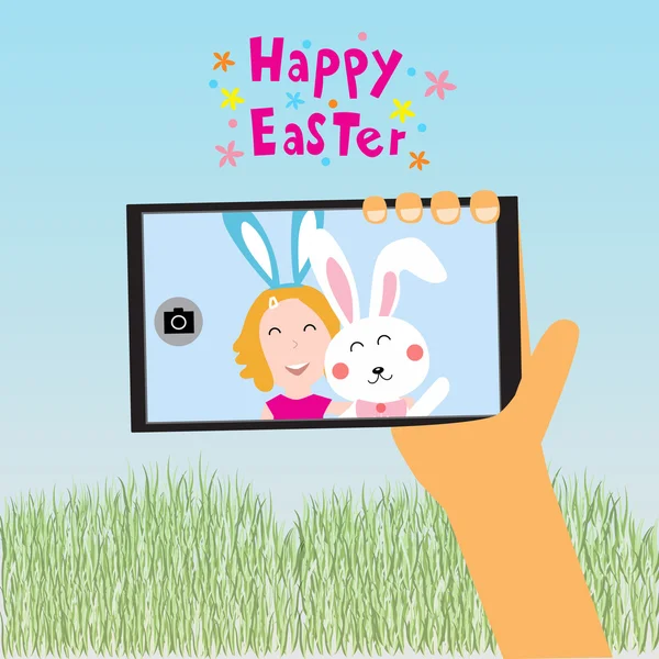 Glückliche Ostern Kinder Selfie mit Kaninchen auf Smartphone-Vektor illu — Stockvektor