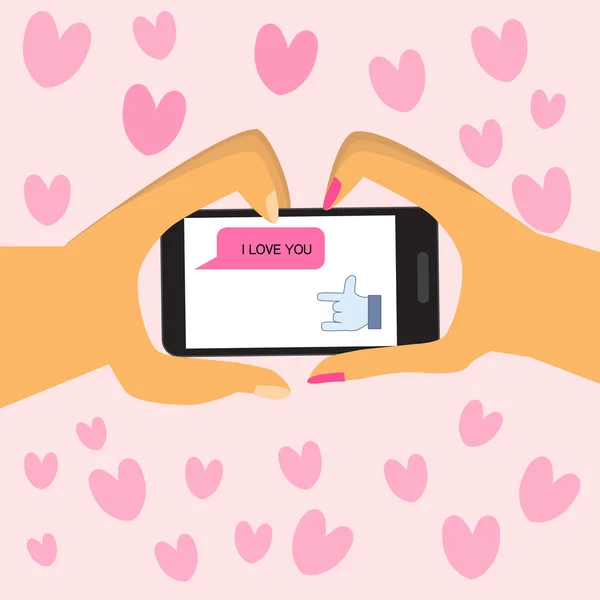 Happy Valentines day .Couples hold smarphone with love hand si — стоковый вектор