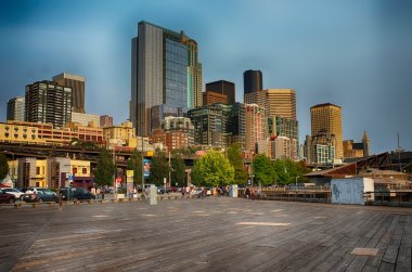 SEATTLE, USA - AUGUST 23, 2015: View to downtown skyscrappers from embankment.  clipart