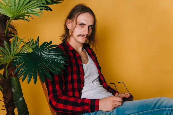 Attractive Man Long Hair Mustache Red Plaid 80S Disco Shirt — Stock Photo, Image