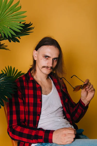 Attractive Man Long Hair Mustache Red Plaid 80S Disco Shirt — Stock Photo, Image