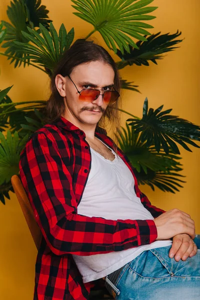 Attractive Man Long Hair Mustache Red Plaid 80S Disco Shirt — Stock Photo, Image
