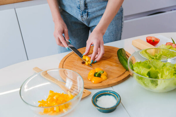 Female hands cut fresh vegetables into a diet salad. A dish of sweet peppers and tomatoes with herbs. Healthy eating