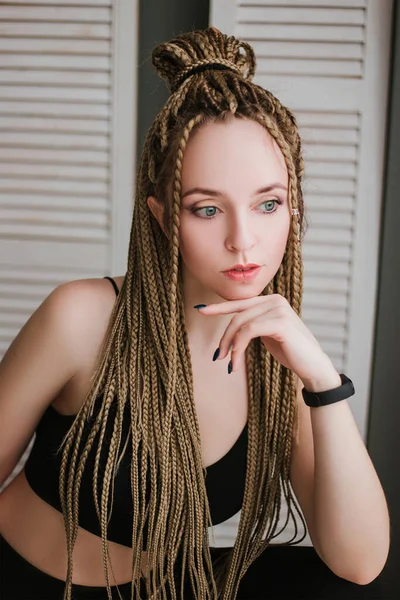 Young Woman Long Braids Sportswear Practices Yoga Beautiful Girl Sitting — Stock Photo, Image