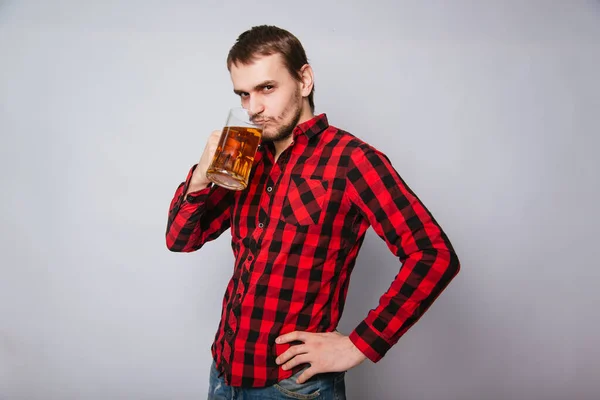 Young Man Checkered Red Shirt Holding Large Mug Beer Foam — Stock Photo, Image