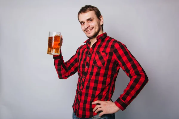 Young Man Checkered Red Shirt Holding Large Mug Beer Foam — Stock Photo, Image