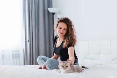 Genç ve güzel bir kız beyaz bir odada bir yatakta oturuyor ve İngiliz gri kedisini okşuyor. Ev konforu