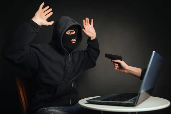 Caught Internet Fraudster Photo Concept Digital Robbery Masked Man Afraid — Stock Photo, Image