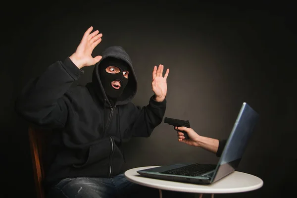 Caught Internet Fraudster Photo Concept Digital Robbery Masked Man Afraid — Stock Photo, Image