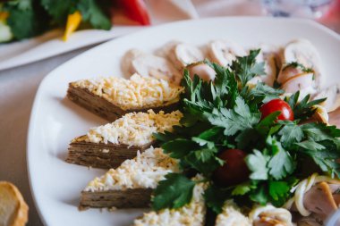 Parti atıştırması. Beyaz tabakta peynirli dilimlenmiş et. Maydanoz
