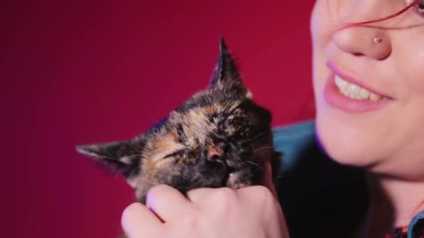 A young woman of informal appearance hugs a tortoiseshell cat. The rocker girl loves to pet her pet. — Stock Video