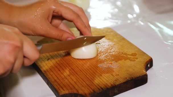 A womans hand cuts an onion on a wooden board. — Stock Video