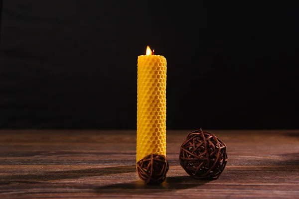 Yellow Wax Candle Foundation Wooden Background Ecological Product Made Honeycombs — Stock Photo, Image