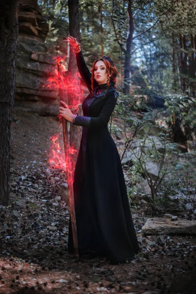 Witch Black Long Dress Slavic Style Holds Staff Her Hands — Stock Photo, Image