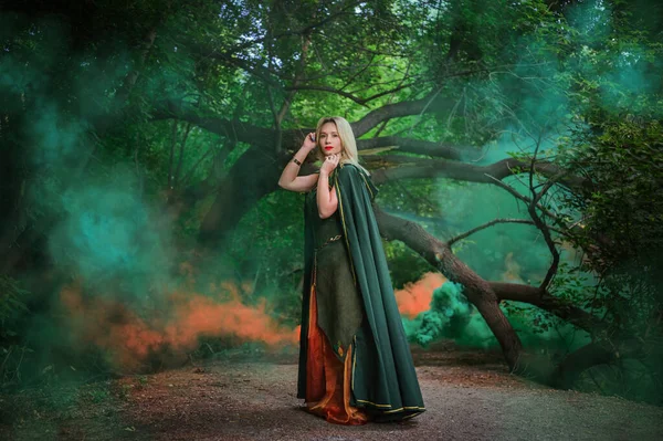 Yeşil Pelerinli Druid Pelerinli Sisli Muhteşem Elbiseli Bir Sarışın Ortaçağ — Stok fotoğraf