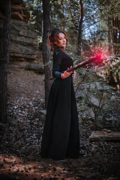 Witch Black Long Dress Slavic Style Holds Staff Her Hands — 스톡 사진