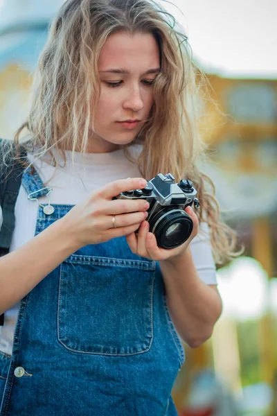 Young Woman Tourist Denim Sundress Stands Cameras Amusement Park Teen — Stock Photo, Image