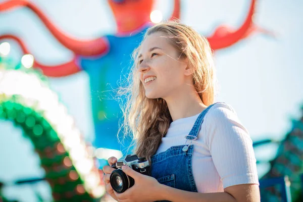 Young Woman Tourist Denim Sundress Stands Cameras Amusement Park Teen — Stock Photo, Image