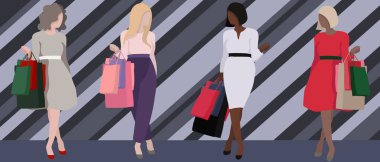 Alışverişi olan kadın vektör kümesi. Parlak ve çelişkili resimlerde mağazadan paketler getiren kızlar..