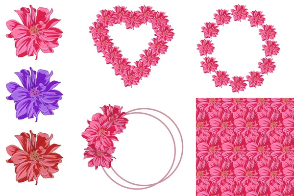 Blumenset mit Blumen, Rahmen und nahtlosem Muster — Stockvektor