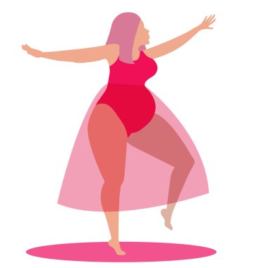 Pembeli hamile bir kadının vektör çizimi. Mutlu ve kolay bir hamilelik. Hamile kadın dans ediyor ve mutlu..
