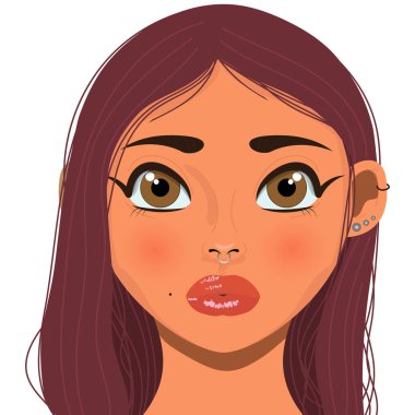 Piercingli bir kızın vektör çizimi. Şık bir genç kadın. Çizgi film stilinde güzel bir yüz. Güzel kadın, şık bir portre posteri..