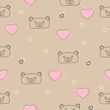 Ayı kafası ve kalplerle kusursuz bir desen. Sevgililer Günü Arkaplanı. Çocuksu duvar kağıtları, ambalajlar, kumaşlar, giysiler.. 