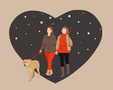 Homoseksüel kadın çift köpek vektörü düz çizimleriyle el ele tutuşuyorlar. İki kadın birlikte vakit geçiriyorlar. Kalbin arka planında aşkı hissediyorlar..  