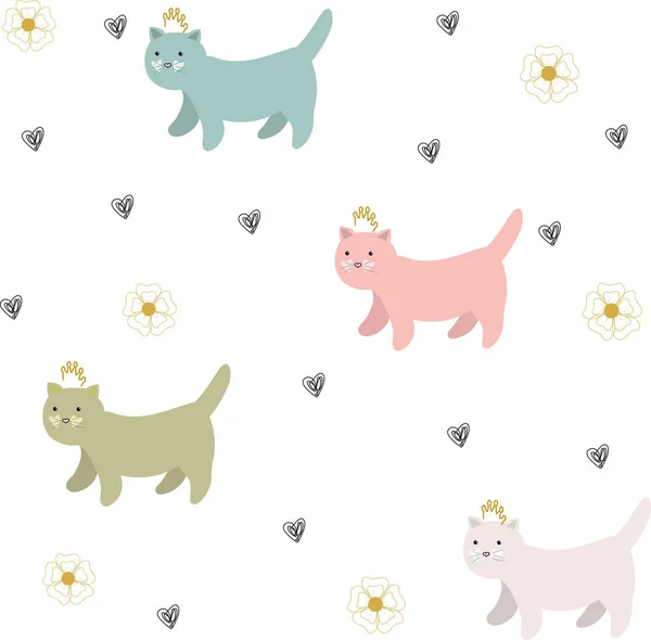 Fundo Sem Costura Bonito Com Gatos Engraçados Flores Estilo Cartoon — Vetor de Stock