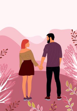 Mutlu bir aile. Şirin vektör posteri, kart ya da örtüsü pembe arka planda birbirini seven çiftlerin resimleriyle, çiçeklerle kaplı dağlarla.