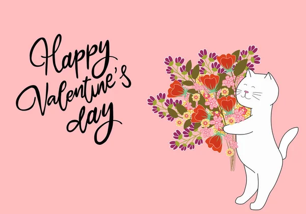 ピンクの背景に花束を持つ猫 バレンタインカード — ストックベクタ