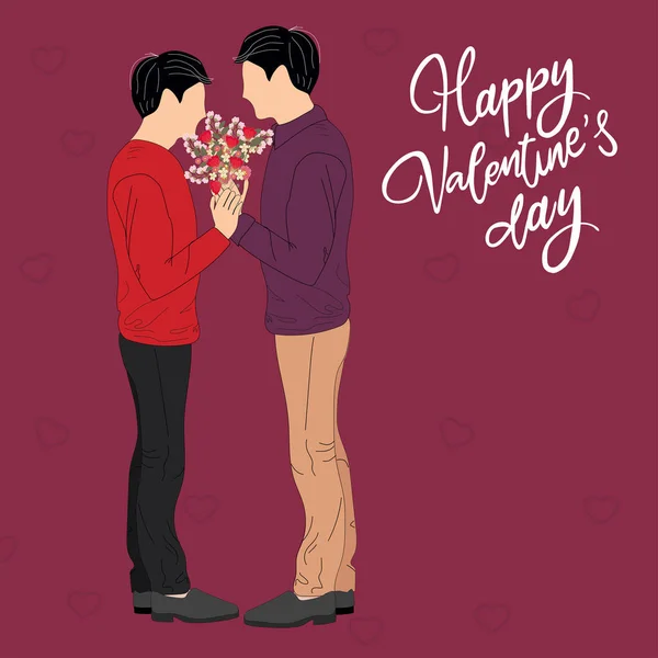 Pareja Gay Con Ramo Sobre Fondo Oscuro Feliz Día San — Vector de stock