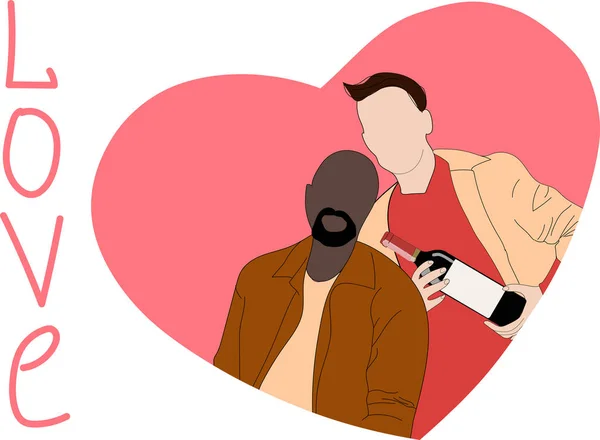 Sevgililer Gününüz Kutlu Olsun Sevimli Eşcinsel Çift Bir Şişe Şarapla — Stok Vektör