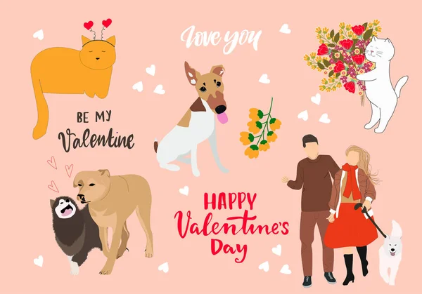 День Святого Валентина Милі Тварини Собаками Кішками Друкарські Листівки Наклейки — стоковий вектор
