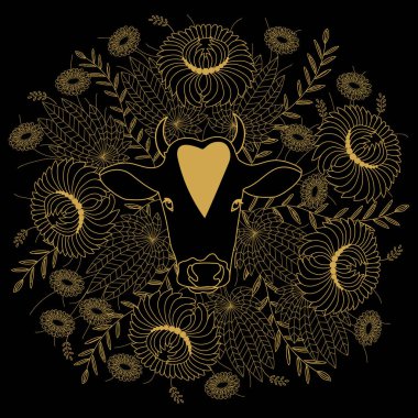 Çin Yeni Yılı 2021, Öküz Yılı için yuvarlak tasarımlar veya etiketler. Geleneksel Öküz ve çiçek süsü silueti. Vektör illüstrasyonu.