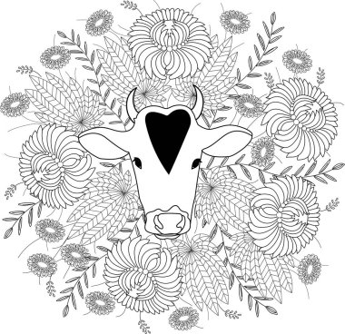 Çin mutlu yıllar. Boğa yılı. Siyah beyaz tebrik kartı, poster, çiçekli amblem.