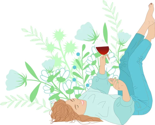 Mujer Joven Inspirada Disfrutar Del Vino Chica Con Una Copa — Vector de stock