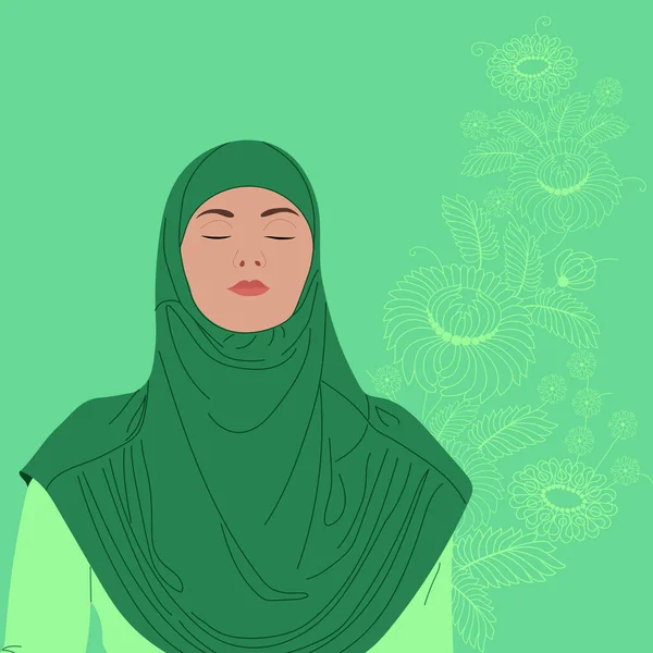 Hermosa Chica Vestido Verde Con Hijab Posa Sonriendo Fondo Las — Vector de stock