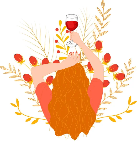 Mujer Con Una Copa Vino Tinto Sobre Fondo Floral Colores — Vector de stock