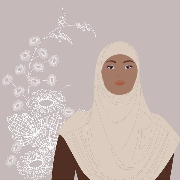 Cute Ciemna Skóra Muzułmanka Nosząca Welon Ilustracji Muzułmanka Hidżabie Tle — Wektor stockowy