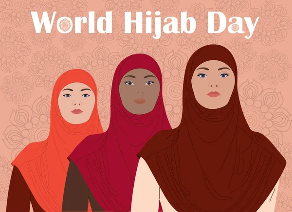 Tres Mujeres Diferentes Nacionalidades Pie Juntas Día Mundial Del Hiyab — Vector de stock
