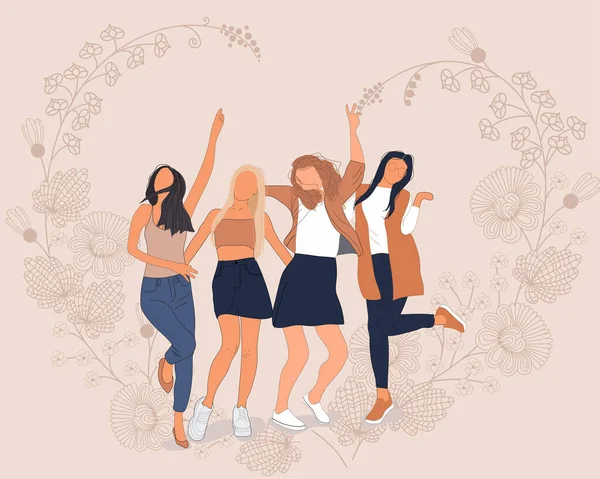 Internationale Vrouwendag Vector Illustratie Van Vier Vrolijke Diverse Vrouwen Die — Stockvector