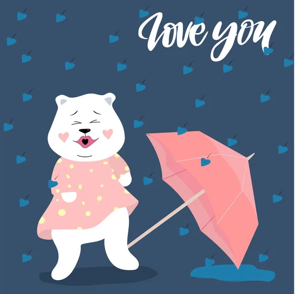 Векторна Ілюстрація Щасливого Ведмедя Світло Рожевій Сукні Грає Дощ Сердець — стоковий вектор