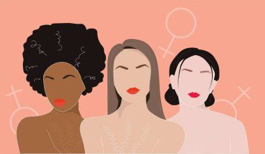 Farklı ırktan kadınların olduğu güzel bir kart. Moda vektör tarzı. Vektör tasarım pankartı. Genç kadınlar.