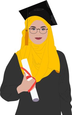 Başörtülü kız mezuniyet konsepti, sarı ve siyah renkli. Mezuniyet elbisesi giymiş gülümseyen Müslüman kadın öğrencinin portresi. Beyaz arka planda tek başına duran mezuniyet diplomasını gösteriyor..  